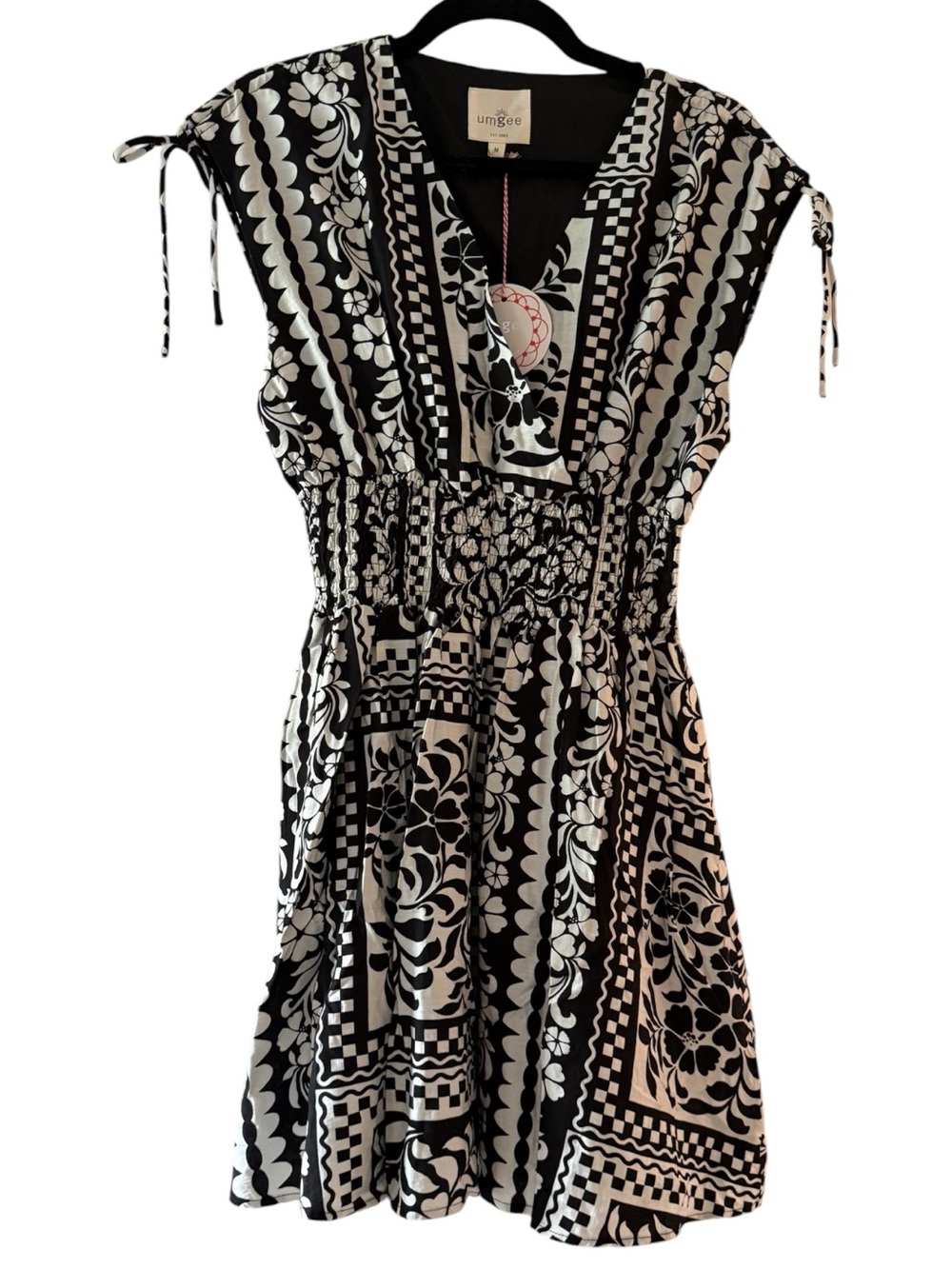 NWT - Umgee Black & White Printed Smocked-Waist Dress